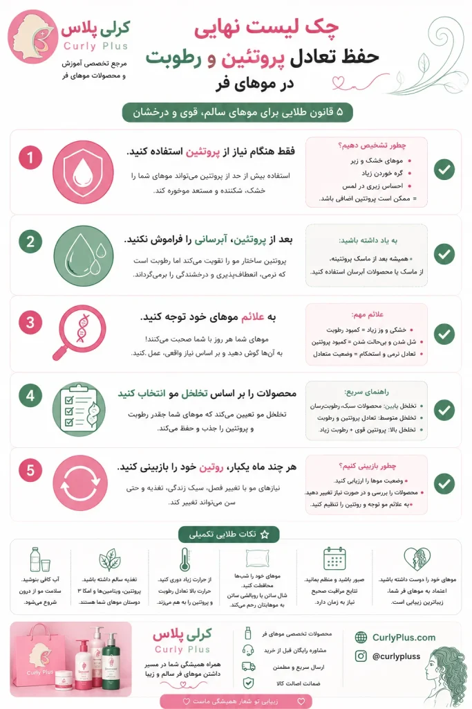 چک لیست تعادل پروتئین و رطوبت در موهای فر